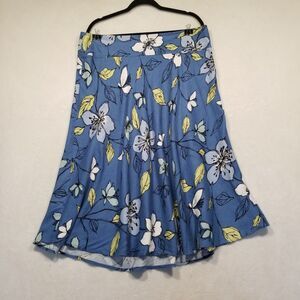 Emma James 16 Blue Floral Print Linen Blend A-Line Midi Skirt Soft Flaw